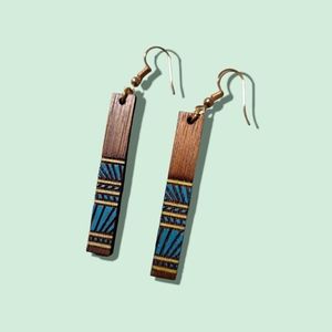 Mahogany Wood Hand Painted Bar Earrings, hypoallergenic Gold Hooks